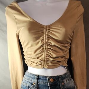 Tan Ruched Crop Blouse with Long Sleeves
